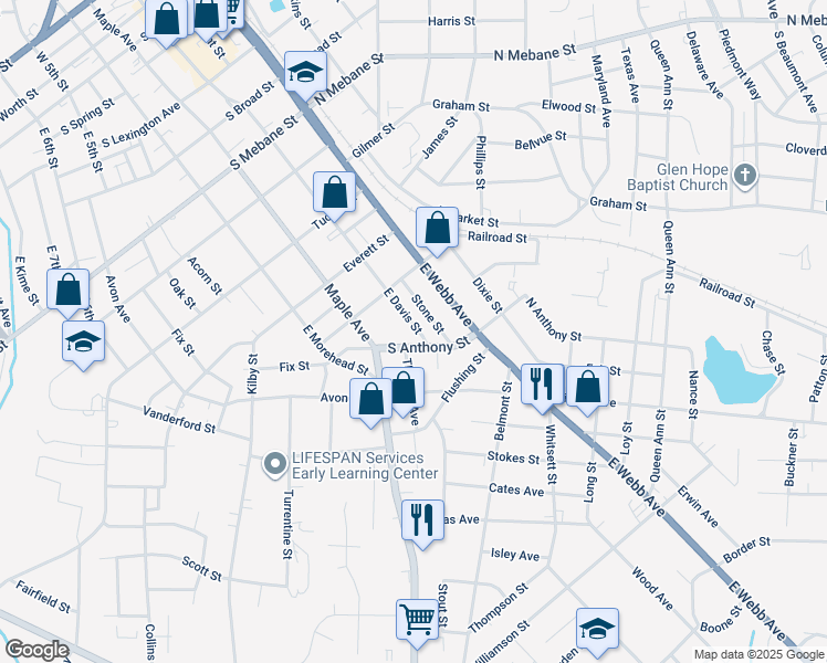 map of restaurants, bars, coffee shops, grocery stores, and more near 925 East Davis Street in Burlington