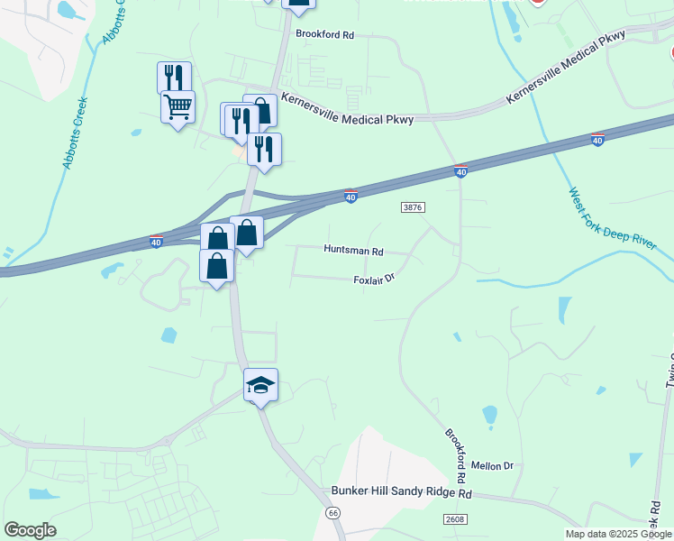 map of restaurants, bars, coffee shops, grocery stores, and more near 9023 Foxlair Drive in Kernersville