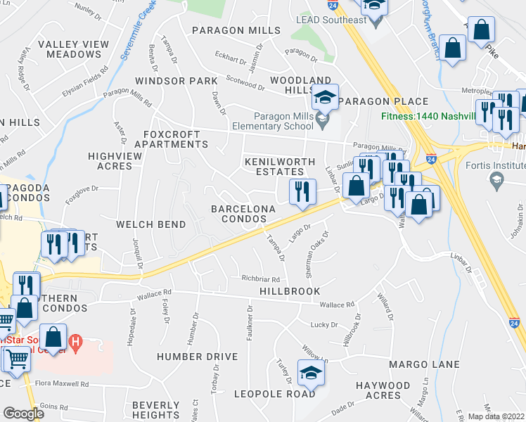 map of restaurants, bars, coffee shops, grocery stores, and more near 203 Spartan Drive in Nashville