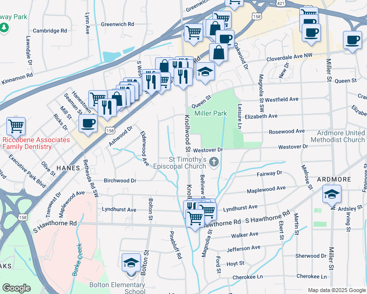 map of restaurants, bars, coffee shops, grocery stores, and more near 626 Knollwood Street in Winston-Salem