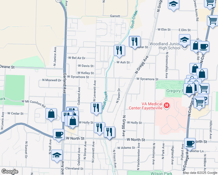 map of restaurants, bars, coffee shops, grocery stores, and more near 701 West Sycamore Street in Fayetteville
