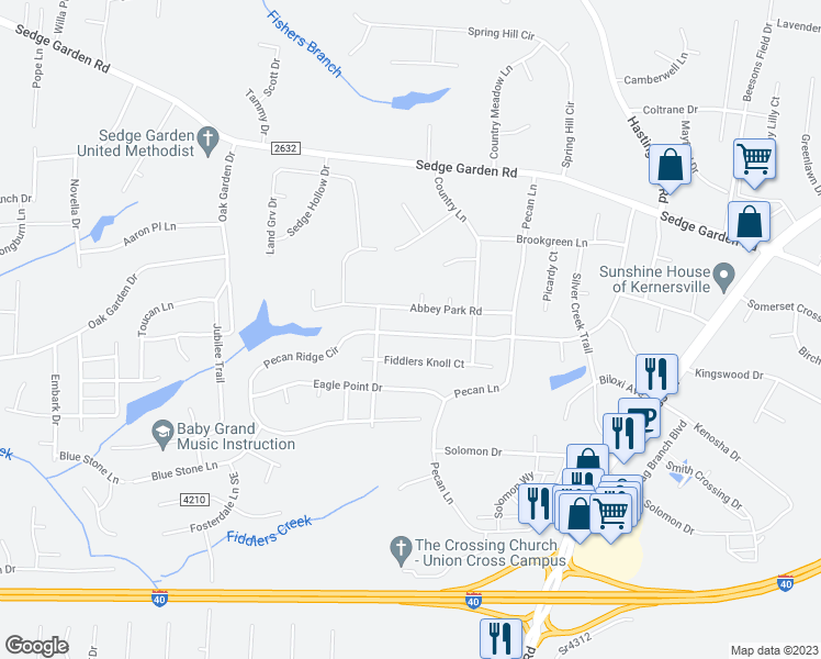 map of restaurants, bars, coffee shops, grocery stores, and more near 816 Pecan Ridge Circle in Kernersville