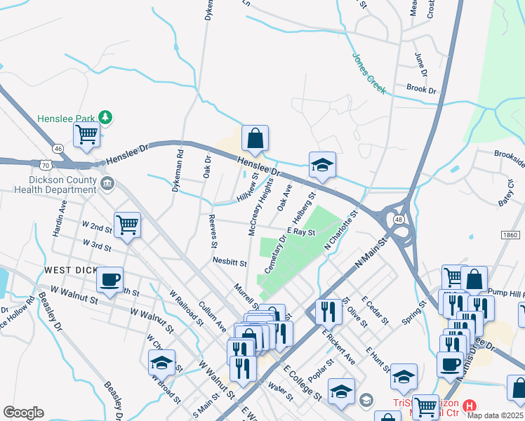 map of restaurants, bars, coffee shops, grocery stores, and more near 233 McCreary Heights in Dickson
