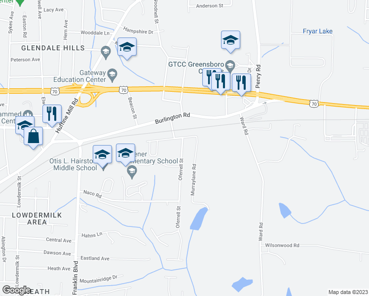 map of restaurants, bars, coffee shops, grocery stores, and more near 307 Oferrell Street in Greensboro