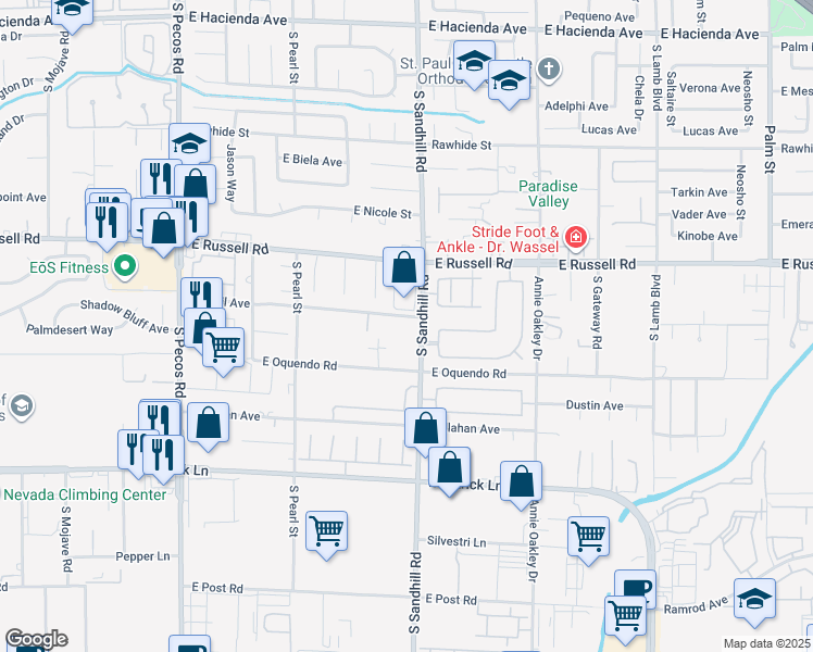 map of restaurants, bars, coffee shops, grocery stores, and more near 5795 South Sandhill Road in Las Vegas