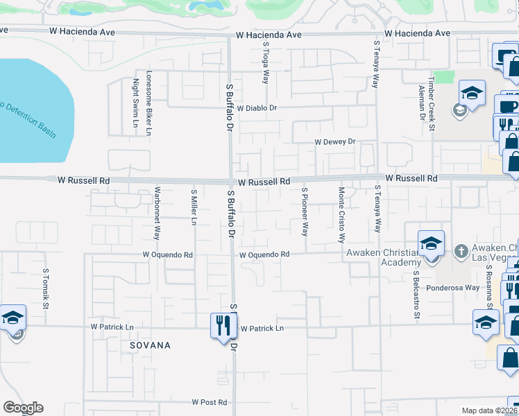 map of restaurants, bars, coffee shops, grocery stores, and more near 5746 South Tioga Way in Las Vegas