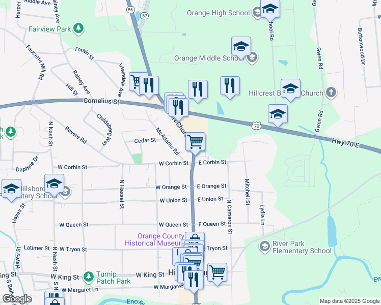 map of restaurants, bars, coffee shops, grocery stores, and more near 618 North Churton Street in Hillsborough