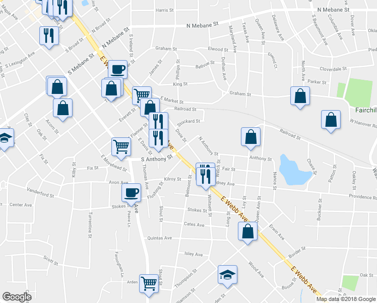 map of restaurants, bars, coffee shops, grocery stores, and more near 118 North Anthony Street in Burlington