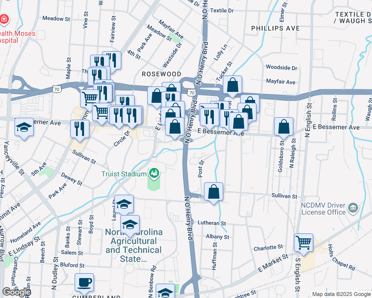 map of restaurants, bars, coffee shops, grocery stores, and more near 1500 Headquarters Drive in Greensboro