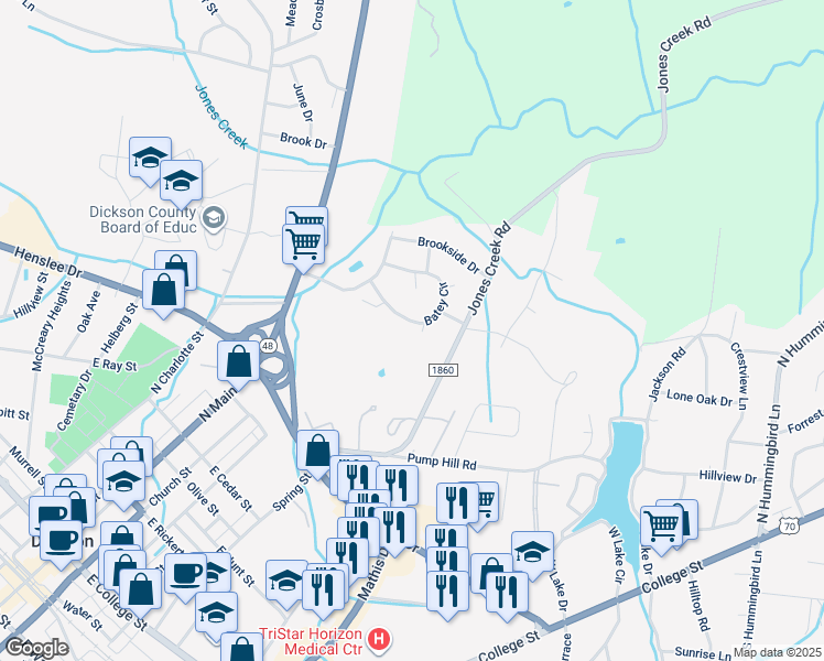 map of restaurants, bars, coffee shops, grocery stores, and more near 119 Batey Circle in Dickson