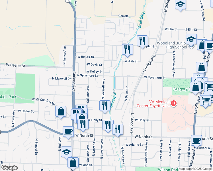 map of restaurants, bars, coffee shops, grocery stores, and more near 1606 North Leverett Avenue in Fayetteville