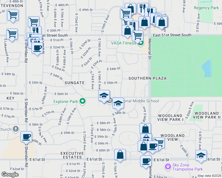 map of restaurants, bars, coffee shops, grocery stores, and more near 7518 East 55th Place in Tulsa