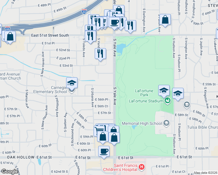 map of restaurants, bars, coffee shops, grocery stores, and more near 4649 East 55th Street in Tulsa