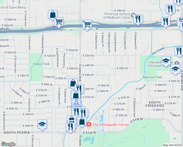 map of restaurants, bars, coffee shops, grocery stores, and more near 2411 East 55th Place in Tulsa