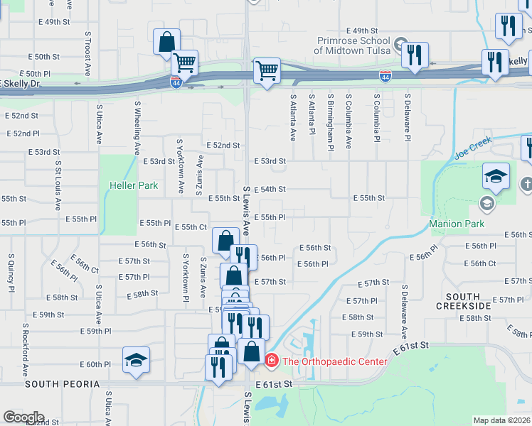 map of restaurants, bars, coffee shops, grocery stores, and more near 2407 East 55th Place in Tulsa