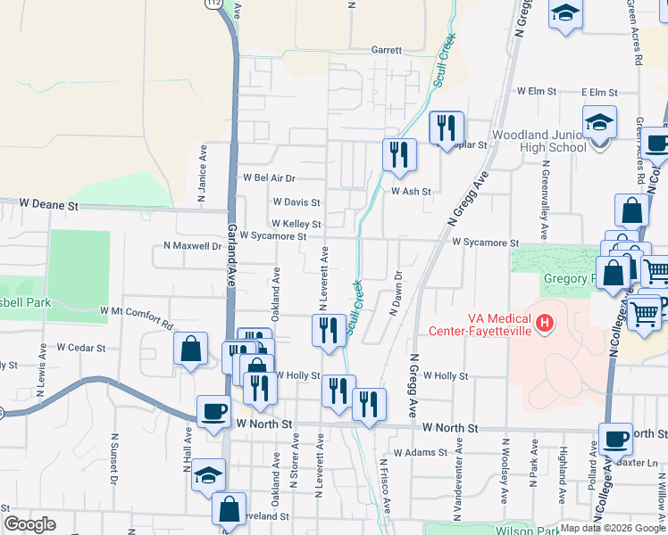 map of restaurants, bars, coffee shops, grocery stores, and more near 1586 North Wish Lane in Fayetteville