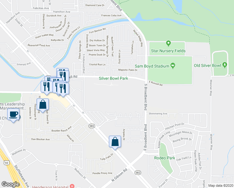 map of restaurants, bars, coffee shops, grocery stores, and more near 6793 E Russell Rd in Las Vegas