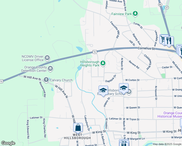 map of restaurants, bars, coffee shops, grocery stores, and more near 522 Forrest Street in Hillsborough