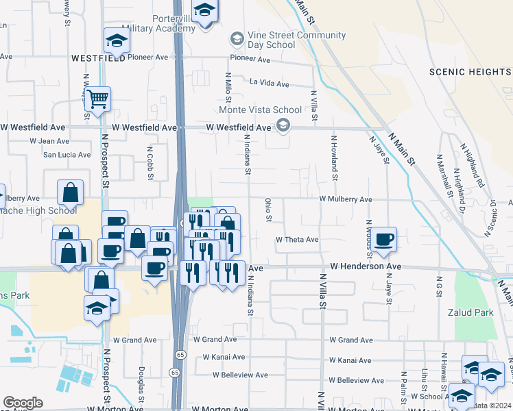 map of restaurants, bars, coffee shops, grocery stores, and more near 970 North Indiana Street in Porterville