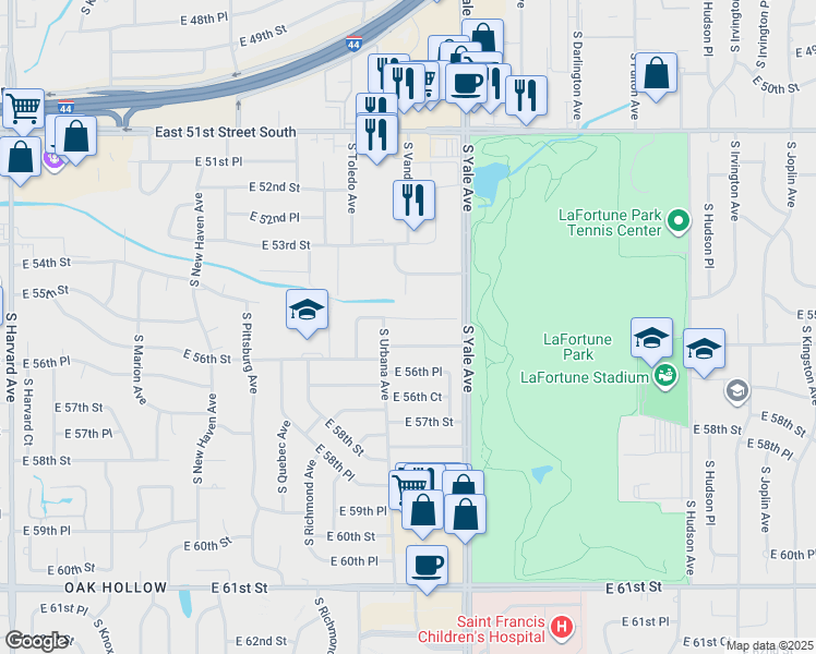 map of restaurants, bars, coffee shops, grocery stores, and more near 4626 East 55th Street in Tulsa