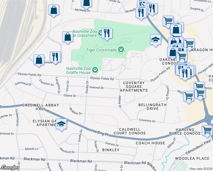 map of restaurants, bars, coffee shops, grocery stores, and more near 519 Elysian Fields Road in Nashville
