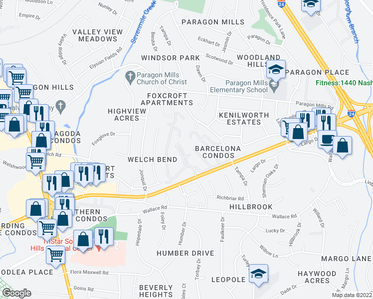 map of restaurants, bars, coffee shops, grocery stores, and more near 431 Tanglewood Court in Nashville