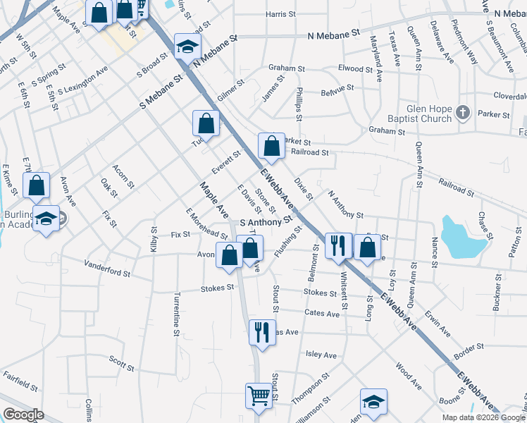 map of restaurants, bars, coffee shops, grocery stores, and more near 918 East Davis Street in Burlington