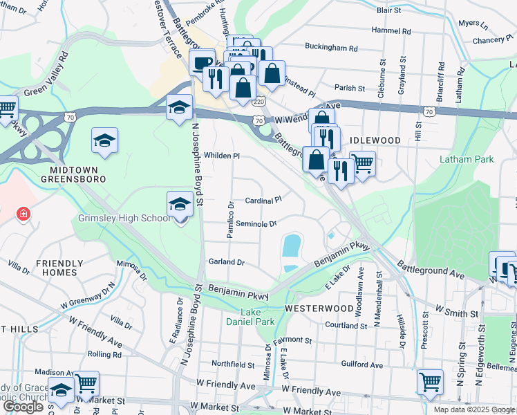 map of restaurants, bars, coffee shops, grocery stores, and more near 1401 Cardinal Place in Greensboro