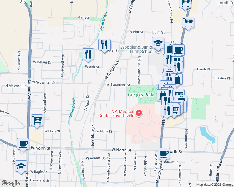 map of restaurants, bars, coffee shops, grocery stores, and more near 1646 North Forest Heights in Fayetteville