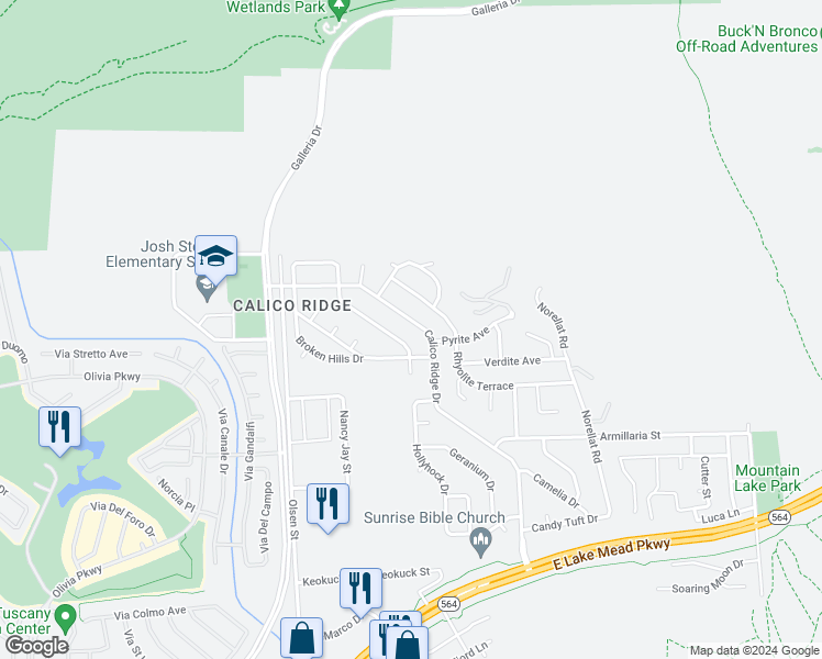map of restaurants, bars, coffee shops, grocery stores, and more near 1132 Calico Ridge Drive in Henderson
