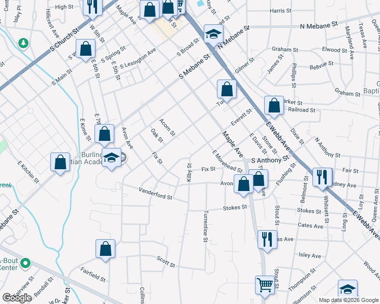 map of restaurants, bars, coffee shops, grocery stores, and more near 623 Everett Street in Burlington