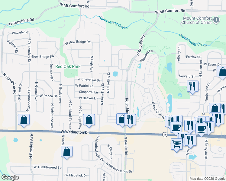 map of restaurants, bars, coffee shops, grocery stores, and more near 1565 North Corsica Drive in Fayetteville