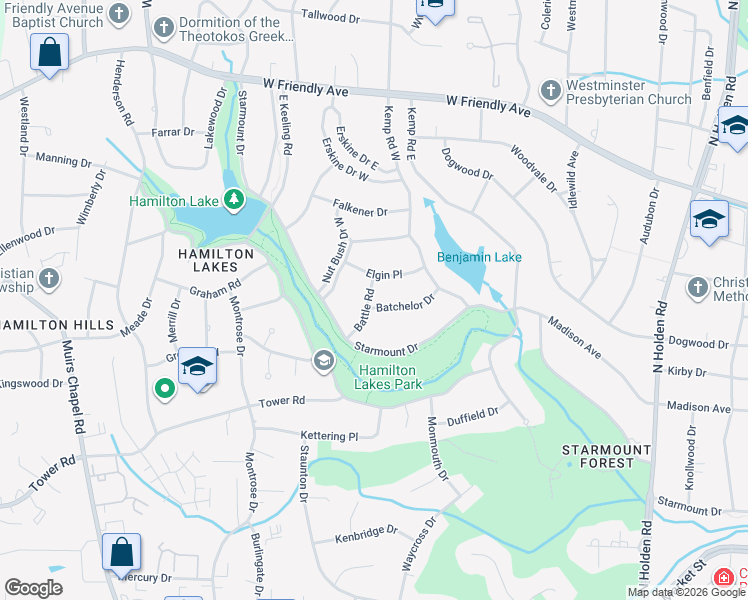 map of restaurants, bars, coffee shops, grocery stores, and more near 107 Battle Road in Greensboro