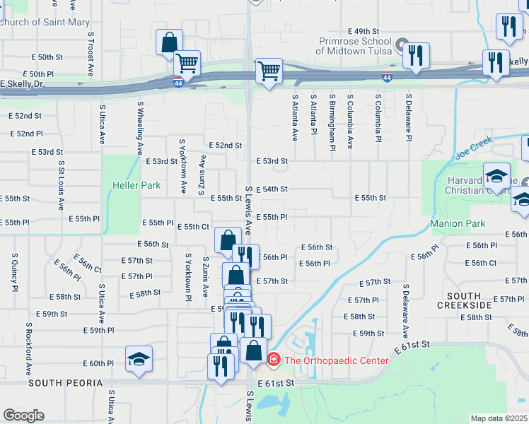 map of restaurants, bars, coffee shops, grocery stores, and more near 2411 East 55th Place in Tulsa