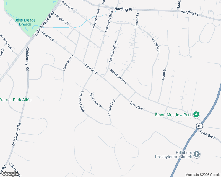 map of restaurants, bars, coffee shops, grocery stores, and more near 2805 Tyne Boulevard in Nashville