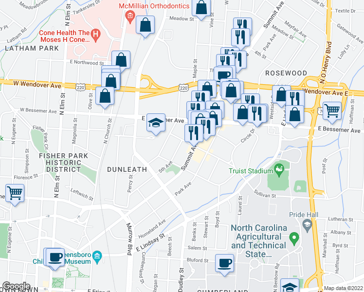map of restaurants, bars, coffee shops, grocery stores, and more near 818 5th Avenue in Greensboro