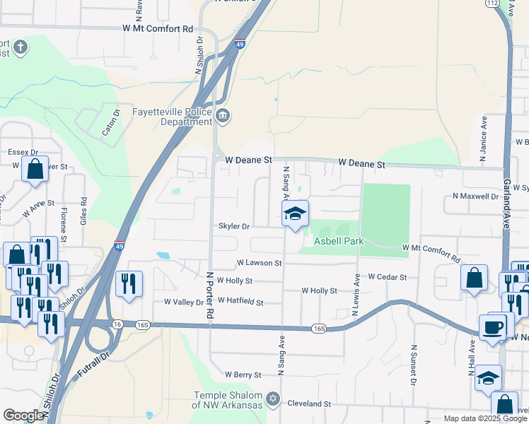 map of restaurants, bars, coffee shops, grocery stores, and more near 1628 Evening Shade Drive in Fayetteville