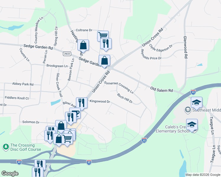 map of restaurants, bars, coffee shops, grocery stores, and more near 105 Medford Court in Kernersville