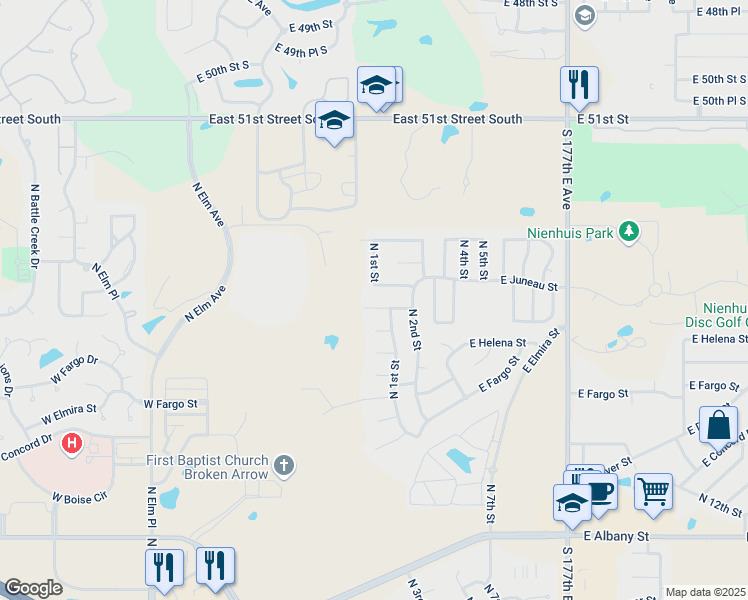 map of restaurants, bars, coffee shops, grocery stores, and more near 3300 North 1st Street in Broken Arrow