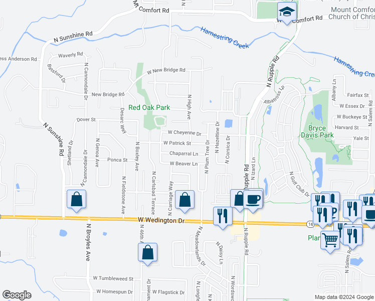 map of restaurants, bars, coffee shops, grocery stores, and more near 4338 Chaparral Lane in Fayetteville