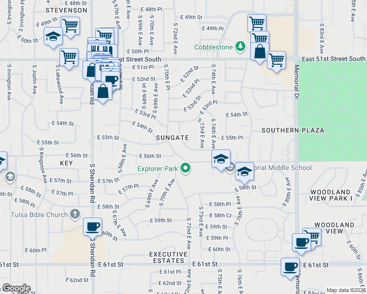 map of restaurants, bars, coffee shops, grocery stores, and more near 5346 South 71st East Avenue in Tulsa