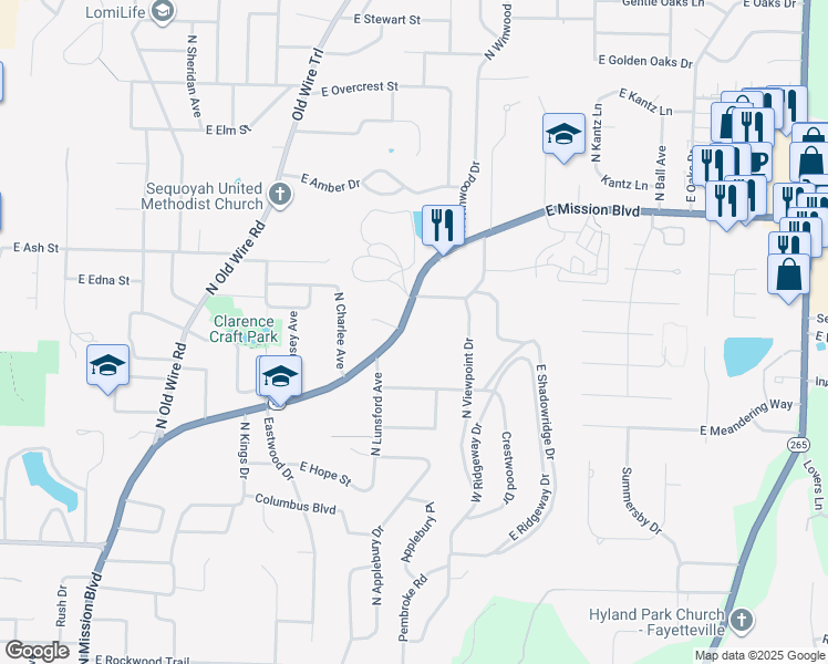 map of restaurants, bars, coffee shops, grocery stores, and more near 1689 East Mission Boulevard in Fayetteville