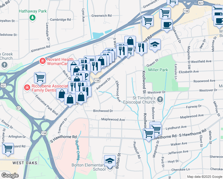 map of restaurants, bars, coffee shops, grocery stores, and more near 2830 Deerwood Drive in Winston-Salem