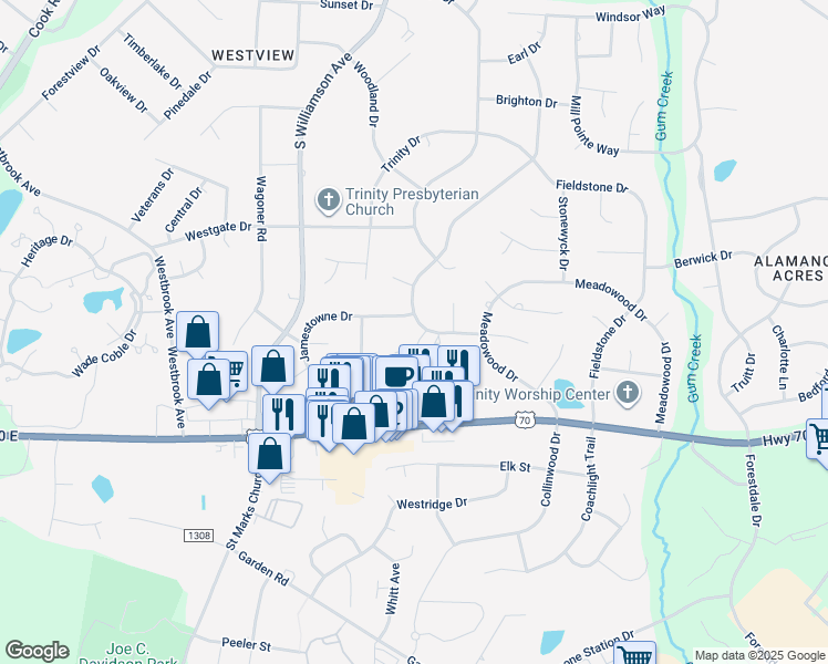 map of restaurants, bars, coffee shops, grocery stores, and more near 1013 Georgetowne Drive in Elon