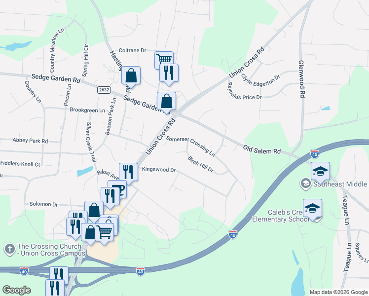 map of restaurants, bars, coffee shops, grocery stores, and more near 1080 Somerset Crossing Lane in Kernersville