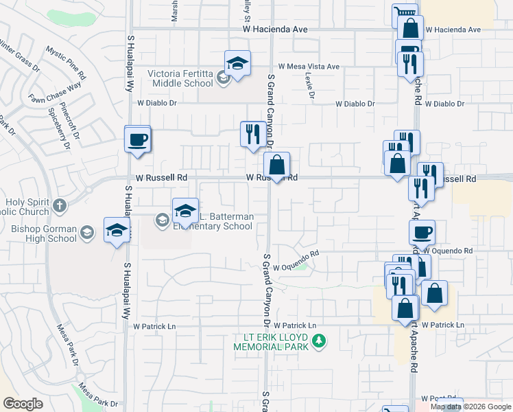 map of restaurants, bars, coffee shops, grocery stores, and more near 9925 West Russell Road in Las Vegas