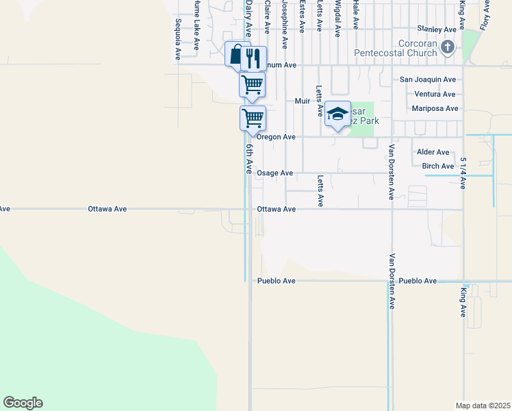 map of restaurants, bars, coffee shops, grocery stores, and more near 1816 Ottawa Avenue in Corcoran
