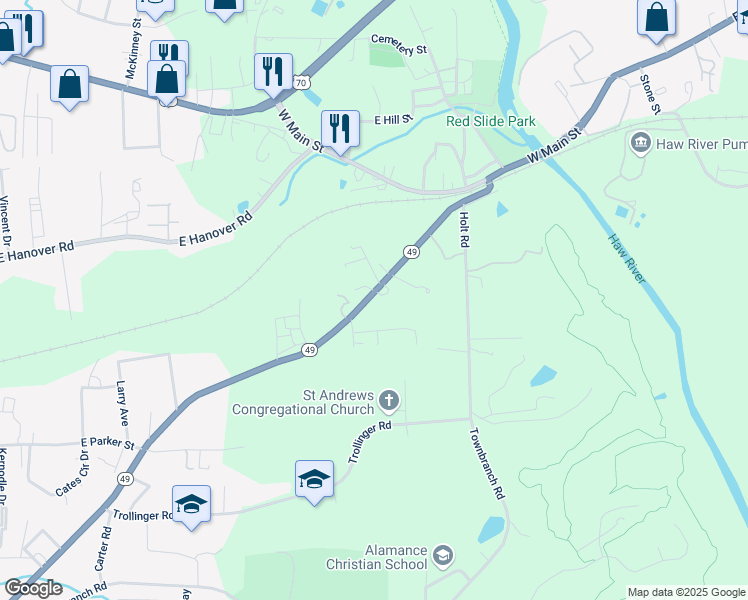 map of restaurants, bars, coffee shops, grocery stores, and more near 406 Graham Road in Graham