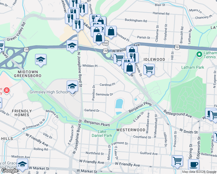 map of restaurants, bars, coffee shops, grocery stores, and more near 1000 Twyckenham Drive in Greensboro