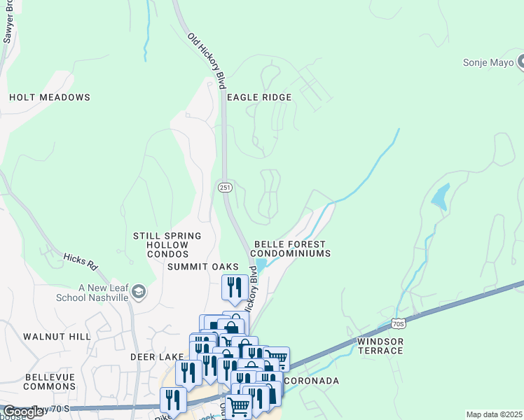 map of restaurants, bars, coffee shops, grocery stores, and more near 713 Amberwood Circle in Nashville